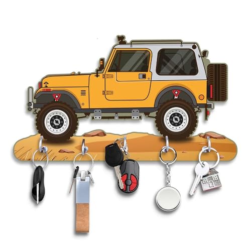 Webelkart Premium HD UV Printed Mahindra Thar Car Shape Designer Wooden Key Holder Home and Office Decor (11 X 6 Inch, Wood) (Yellow)