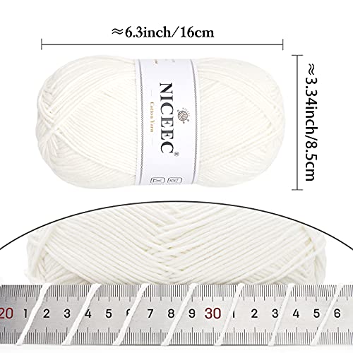 Niceec 3 Skeins Soft Cotton Yarn 5Ply Baby Cotton Yarn For Knitting Crochet Baby Weight Yarn Cotton Blend Yarn Total Length 3×220M(3×240 Yds,100G×3)-Cream White #TOP1