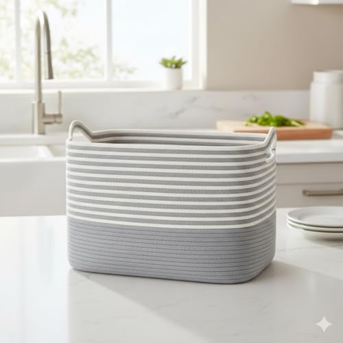 Image of Large Storage Basket, Woven Blanket Basket, Toy Basket with Handle, Laundry Hamper for Living Room, Nursery, Bedroom- 20x15x12 (LXWXH) (grey mix)