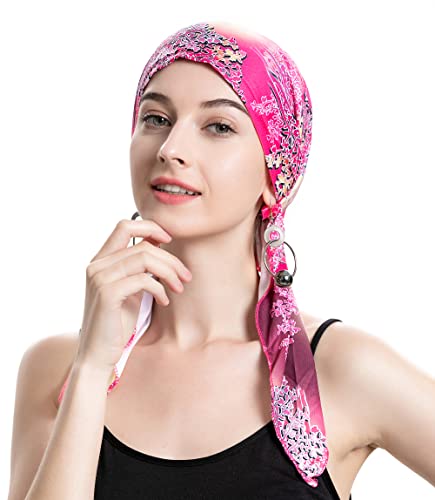 ZLYC Chemo Headwear pré-amarrado lenço de cabeça gorro turbante leve para mulheres, Rosa floral, Tam