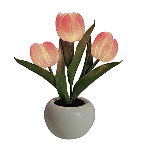 BSTCAR Lampada da Tavolo a Forma di Fiore con Luce Notturna a Tulipano, Fiore a LED a Batteria con Lampada a Vaso per la Decorazione della Stanza delle (Rosa)