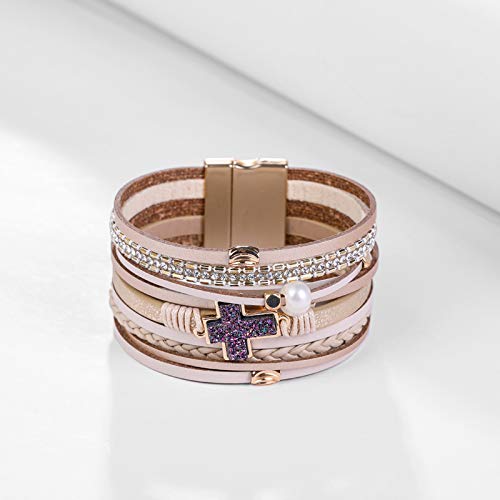 Cross Moon Leather Wrap Bracelets Colorful Bohemian Handmade Braid Bracelet Multilayer Shining Crystal Faux Pearl Bracelet For Women Girls Jewelry-A Beige Cross Bracelet #TOP1