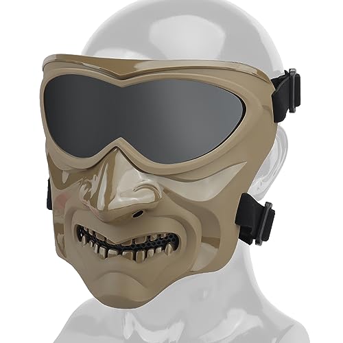 ANSNOW Maschera da Softair, Maschera Teschio Integrale con Occhiali, Maschera Tattica Regolabile per Halloween Giochi Di Ruolo Attività All'Aperto/Tan/18,6 * 10,6 * 18,3Cm