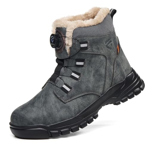 KOIFISH Buty robocze, męskie, damskie, zimowe, z ciepłą podszewką, lekkie, wygodne, stalowe noski, z zamknięciem obrotowym, szary, 37 EU