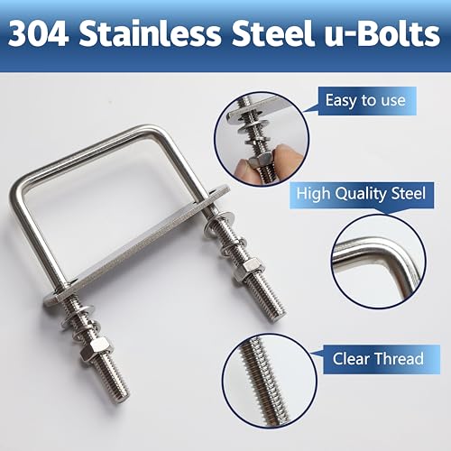 Image of 16 Pcs M8 Square U Bolts 2-1 /2 Inch Wide, 5 /16 inch x 2-1 /2 inchW x 4 inch L | 304 Stainless U Bolt Heavy Duty with Nuts,Bolt Plate and Washers,Square U Bolts 2.5 Inch Wide,Metric bolts