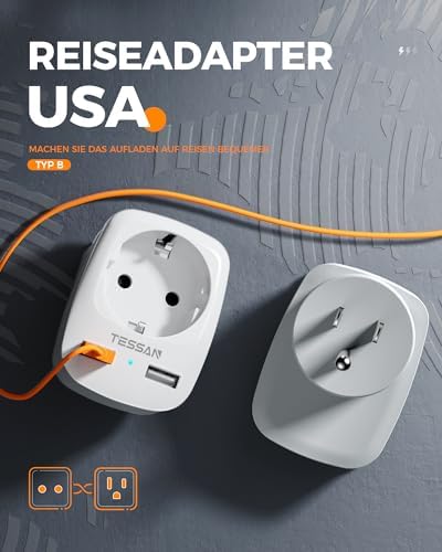 TESSAN Adapter podróżny z wtyczką w standardzie USA, 2 sztuki, wtyczka z 2 portami USB 2,4 A, adapter do prądu, do używania w USA, Kanadzie, Tajlandii, Meksyku, ładowarka ścienna, stacja ładująca