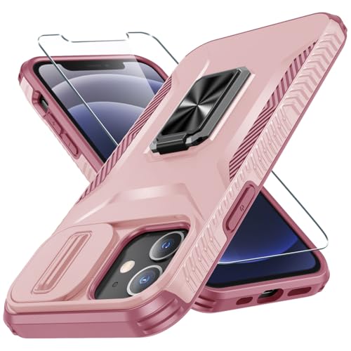 CASEJEEN for iPhone 12 Case,iPhone 12 Pro Case with Tempered Glass Screen Protector and Camera Lens Cover,Rotated Ring Stable Kickstand,Heavy Duty Shockproof Protective Phone Cover-Pink