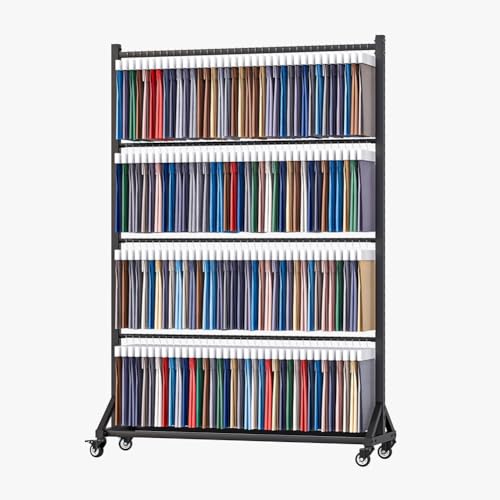 Textile Fabric Roll Storage Rack with Wheels, Sample Fabric Display Rack with Adjustable Hanging Rod, Movable Heavy Duty Steel Scarf Hanger, for Displaying Blanket Quilt Curtain(143x45x205 cm)