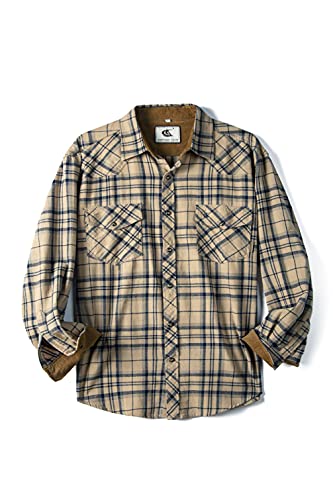 COEVALS CLUB Mens Western Flannel Pearl Snap Button Cotton Regular Fit Long Sleeve Plaid Shirts (S, 5# Khaki, Navy)