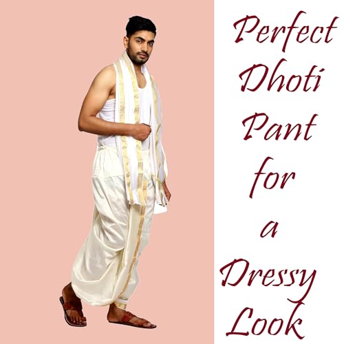 Image of Rameshwaram Fabrics Readymade Dhoti for Men, Velcro Style Stitched Mens Silk Dhoti Pant with Stole Set