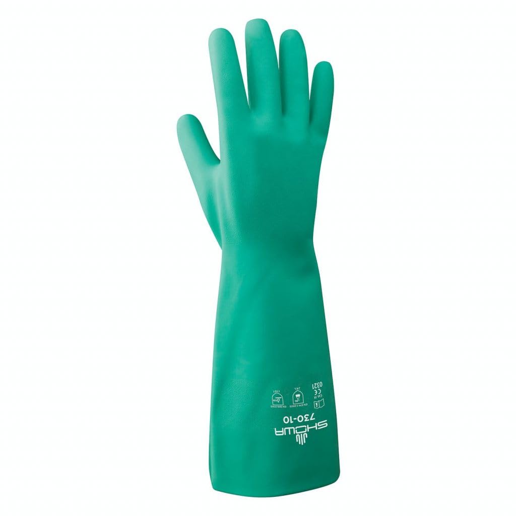 SHOWA 730 Chemical Resistant Gloves, 15-mil Nitrile with Cotton Flock Liner, 13-inch Extended Gauntlet, Bisque Grip, CE Cat III & Food Safe, Green, Medium, 12-Pack