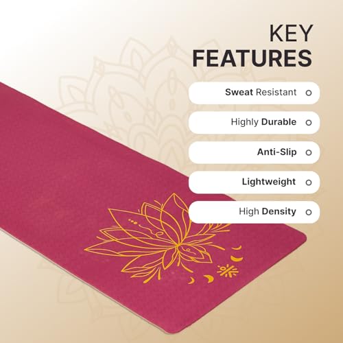 Image of CULT Lotus Print Yoga Mat for Woman & Yoga Mat for Man | 6mm TPE Anti-Slip Workout Mat for Home Gym | Premium Exercise Mat & Fitness Mat for Kids & Adults | Yoga Mats with Carry Bag (Purple)