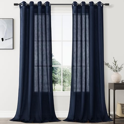 Nanspring Navy Blue Linen Curtains 96 Inches Long for Living Room 2 Panel Set Grommet Light Filtering Semi Sheer Curtain Modern Country Farmhouse Decor Window Drapes for Bedroom Home Office 52x96