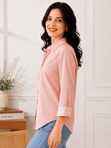 Image of Cotton Striped Shirt for Women with Long Sleeves, Ultra-Soft Cotton Blend, Regular Fit Womens Stylish Casual Shirt, Formal, Party, Beach, Summer Wear