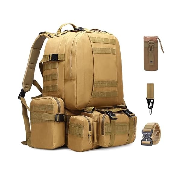 60L Tactical Backpack Military 3-Day Assault Pack, Waterproof Molle System Rucksack with Detachable Bag, Survival Bug Out Backpack for Men & Women(Brown)