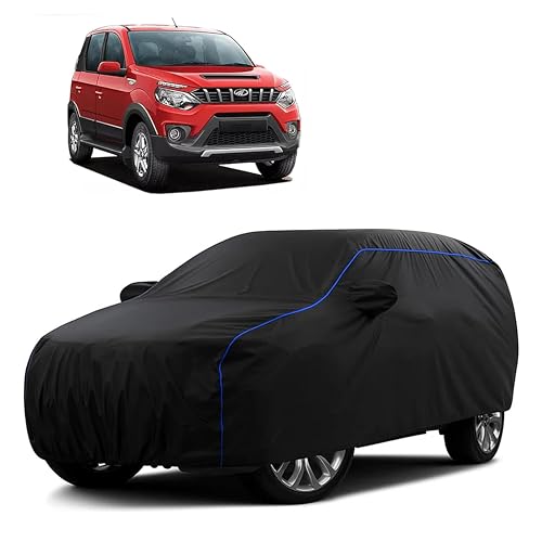 Image of Sulfar 100% Water Resistant Car Body Cover Compatible with Mirror for Mahindra Nuvosport (Triple Stitched, Full Bottom Elastic, Black Tafetta with Blue Piping)