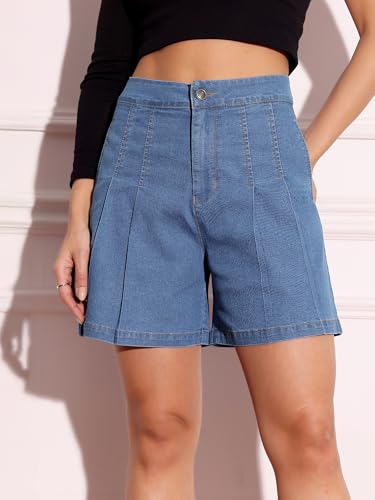 Image of Miss Chase Women's Relaxed Mid Rise Regular Non Stretchable Denim Shorts