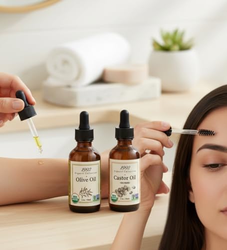 Image of 3x 1992 Organic Castor Oil Glass Bottle 2oz Bundle with Extra Virgin Olive Oil 2oz - Pressed, Organic & Versatile for Hair, Skin, Nails - Nourishes, Supports Daily Beauty Routine - Gift Set (4 Items)