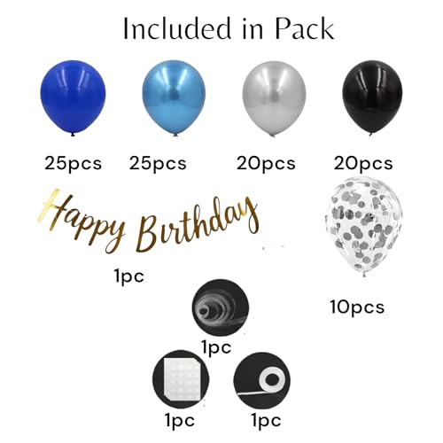 Image of 104Pcs Blue Black Silver Birthday Decorations Kit - Metallic Balloons Happy Birthday Card Banner Pack