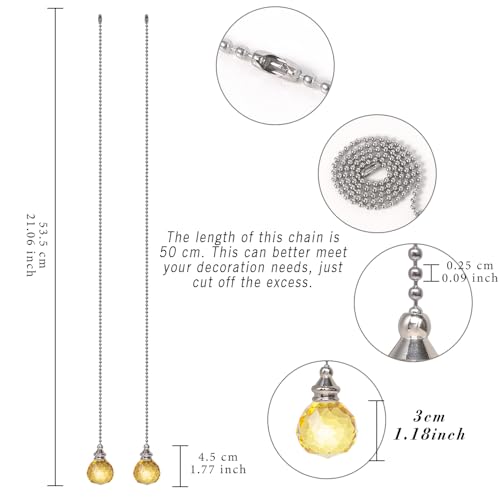 Image of Yellow 2pcs Crystal Ceiling Fan Pull Chain Pull Chain Dazzling Crystal Prism Ball 30mm Extension with Connector for Fan,Extra 2Pcs Pull Connectors