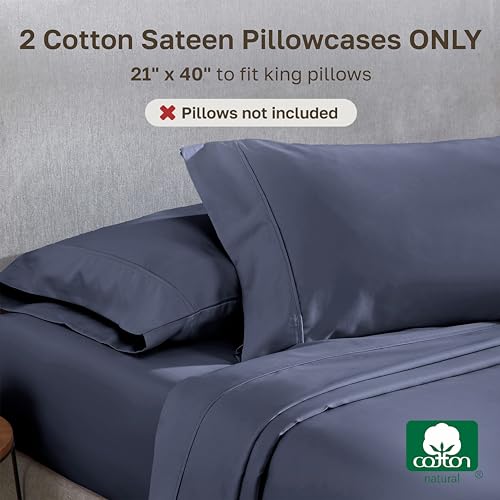 Image of California Design Den King Size Pillowcase Set - 400 Thread Count, 100% Cotton Sateen, Set of 2 Pillow Covers, Soft and Breathable - Indigo Dusty Blue