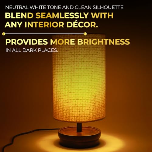 Image of Lexton 13 Inch Textured Fabric Shade Table Lamp with Wooden Base | Modern Cylindrical Bedside Lamp for Living Room, Bedroom, Study Table & Home Decor | Soft Ambient Lighting | Bulb Not Included
