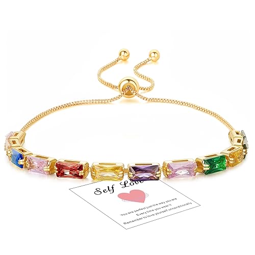 Image of HEEYA Colorful Tennis Bracelets for Women, Gold Bracelet, Gold Crystal Friendship Bracelet, Adjustable Tennis Bracelets Cubic Zircona Lady Birthday Jewellery Gifts for Women