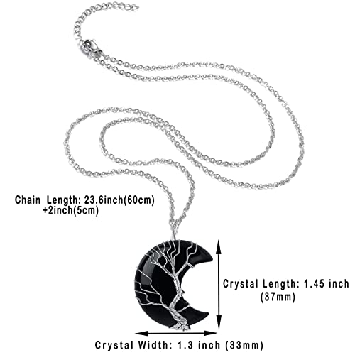 Xiuqilai Healing Crystal Necklace Tree Of Life Wire Wrapped Black Obsidian Crescent Moon Natural Stone Pendant Necklaces Hippie Boho Witch Wiccan Spiritual Reiki Gemstone Quartz Jewelry For Women #TOP3
