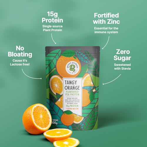 Image of GREEN PROTEIN Plant Protein Isolate Powder, Plant Protein, No Added Sugar, 100% Soy Free, Dairy Free, Gluten Free, Allergen Free, Tangy Orange Flavor, 15g Protein Per Serving, Pouch (500g)
