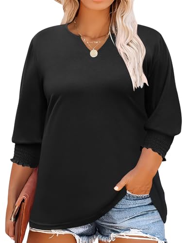 Rapbin Damen Große Größen Bluse 3/4-Ärmel V-Ausschnitt Locker Freizeit Oberteil Sommer Tunika Tops Plus Size Shirts XL-5XL