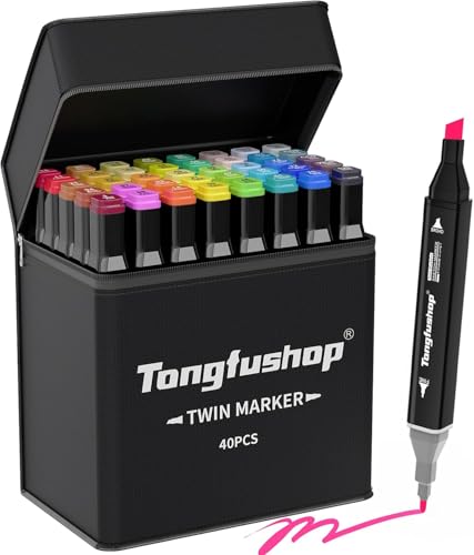 Tongfushop 40 Colored Marker Set, Colouring Pens for Adults, Dual Tip Art Alcohol Markers, Permanent Felt Tip Pens for Drawing, Sketching, Anime, Manga, Fun doodling with Carrying Case & Storage Base