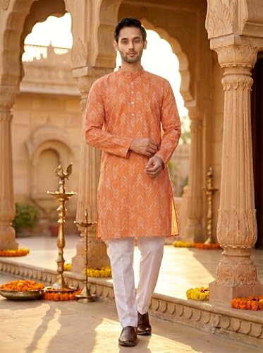 Image of Studio Shringaar Men's Cotton Blend Relaxed Fit Ikat Printed Knee Length Kurta