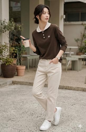 Image of Women's Polo T-Shirt | Long Sleeve Casual T-Shirt | Soft Comfortable Korean Style Trendy Top for Women