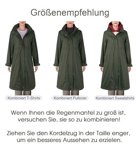 rhythm of the rain Regenmantel Damen lang Regenparka Damen wasserdicht atmungsaktiv gefütterte Regenjacke Trenchcoat Übergangsmantel Parka Outdoor, Grün, 40/L