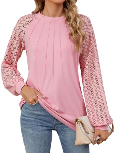 Decorie Bluse Damen Elegant Trachtenblusen Spitzen Oberteile Langarm Festliche Blusen Tuniken Longbluse Blusenshirt (Rosa,XL)