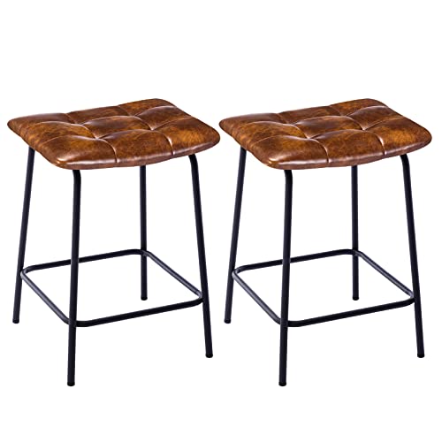 DUHOME Butacos cuadrados acolchados para barra de cocina, set de 2 unidades, tapizados en cuero sintético transpirable con reposapiés, sin respaldo, altura 24 pulgadas, color marrón amarillento miniatura 3