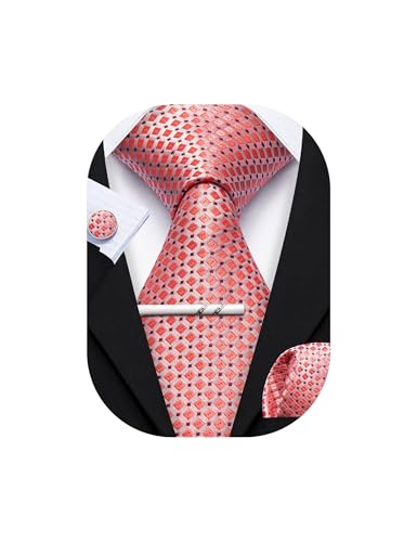 YOHOWA Coral Tie for Men with Tie Clip Plaid Silk Necktie Pocket Square Cufflinks Set Formal Business Festival Party