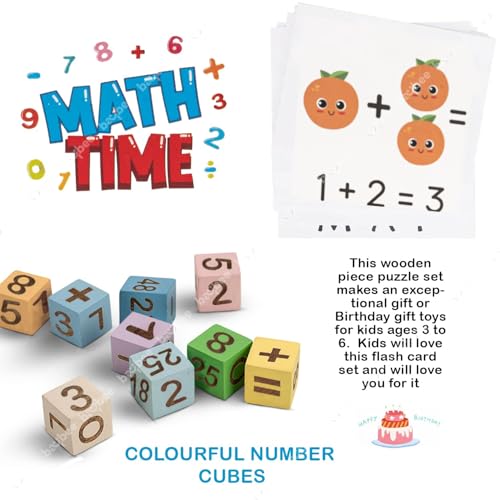 Image of Baybee Wooden Math Learning Puzzle for Kids with 26 Double Sided Flash Cards, 8 Number Blocks & Wooden Stand | Educational Counting, Addition & Subtraction Game Toy for Boys Girls Age 3-8 Years