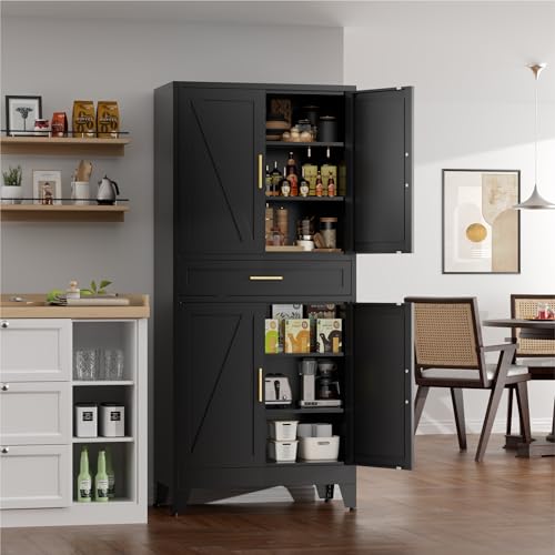 Image of 71 inch Tall Farmhouse Pantry Cabinet,Metal Cabinet with Doors and Shelves,Storage Cabinet for Kitchen Garage,Black 1 Pack