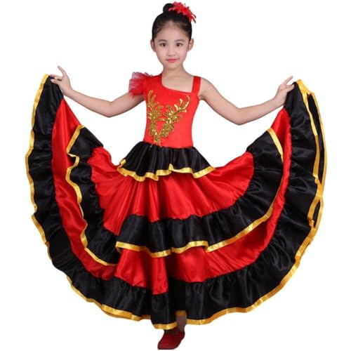 Glixoft Red Black Flamenco Costume Spanish Dance Skirt Belly Dance Dress Spain Dance Performer Dress Party Outfit for Ballroom Practice