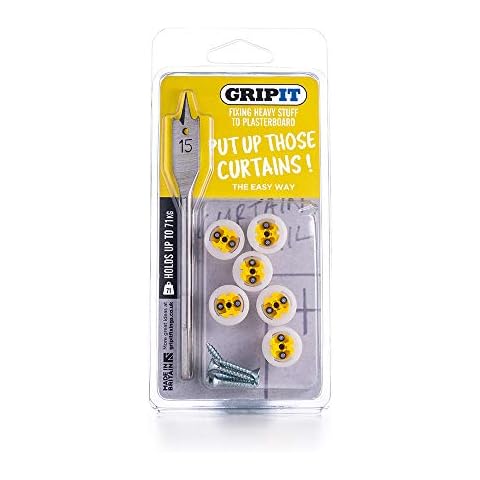 Gripit ‎GPCURTKIT Complete Curtain & Bling Fixing Kit - Includes Drill Bit - Supports Heavy Loads on Plasterboard Walls Up To 71kg, Yellow Cover