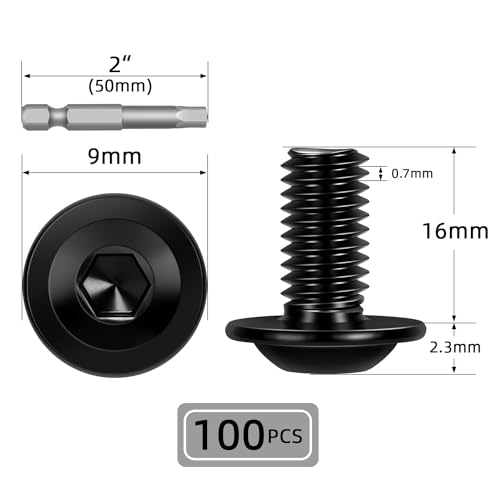 Image of M4-0.7 x 16mm 100 PCS Flanged Button Head Socket Cap Bolts Screws, Stainless Steel 304, Allen Socket Drive, Screwdriver Bit Included, Black Finish, Fully Machine Thread