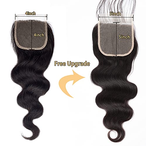 Image of 16A Body Wave 3 Bundles with 5x5 HD Lace Closure (14 16 18+12 inch) 100% Unprocessed Brazilian Virgin Body Wave Human Hair Weave Bundles with Closure Natural Color