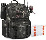 FRETHIND Zaino da Pesca con Scatole (Incluse), Lure Fishing Bag Borsa per Pesca da 50 l con Vano Frigo, Scatola Impermeabile, Grande Fishing Backpack per Campeggio e Avventure All'aria (Camo)