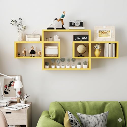 Image of Wooden Wall Shelves for Living Room, Bedroom Wall Mounted Rectangle Bookcase, Intersecting Wall Shelves for Storage Modern Decorative Display Shelves for Wall Decor (Yellow)