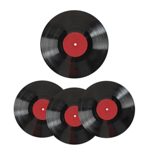 Image of Mexpekil Black Red Vinyl Record Placemats Set of 4 Heat Resistant Round Table Mats Woven Placemats for Dining Table Kitchen, 38 cm