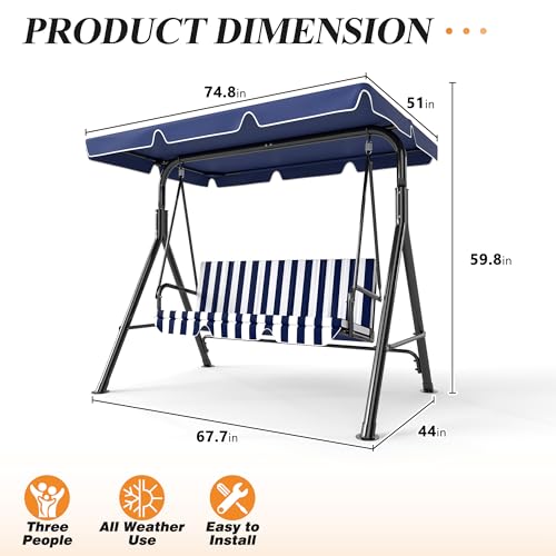 Image of GARTOO 3-Seat Patio Swing Chair, Outdoor Porch Swing with Adjustable Canopy and Durable Steel Frame for Patio, Garden, Poolside(Nevy Blue)