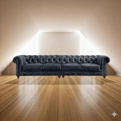Image of Classic Leatherette Chester Sofa Set Button Tufted, Classic Style Sofa Set 3-Person Sofa for Living Room, Office, and Hallway Colour (Blue Leatherette, 4 Seater Sofa)