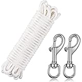 Flag Rope 50 Feet Flag Pole Halyard Rope and Clips Kit Include Stainless Steel Flag Pole Hook Clips, Flag Pole Halyard Rope for Tie Pull Swing Climb and Knot (White)