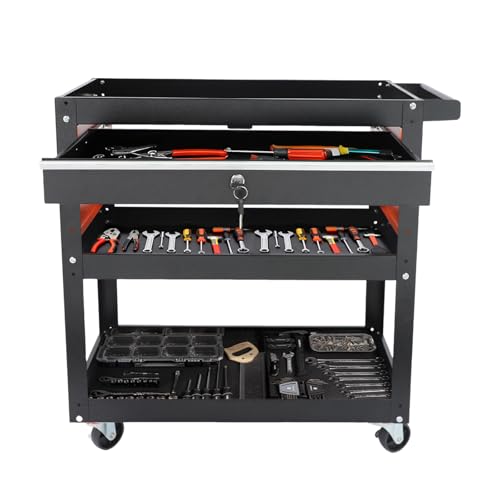 Fermoirper Chariot d'atelier à 3 niveaux, 1 tiroir en plaque d'acier laminé à froid, chariot de transport résistant, 2 roulettes avec frein de stationnement, 70 x 35 x 76 cm